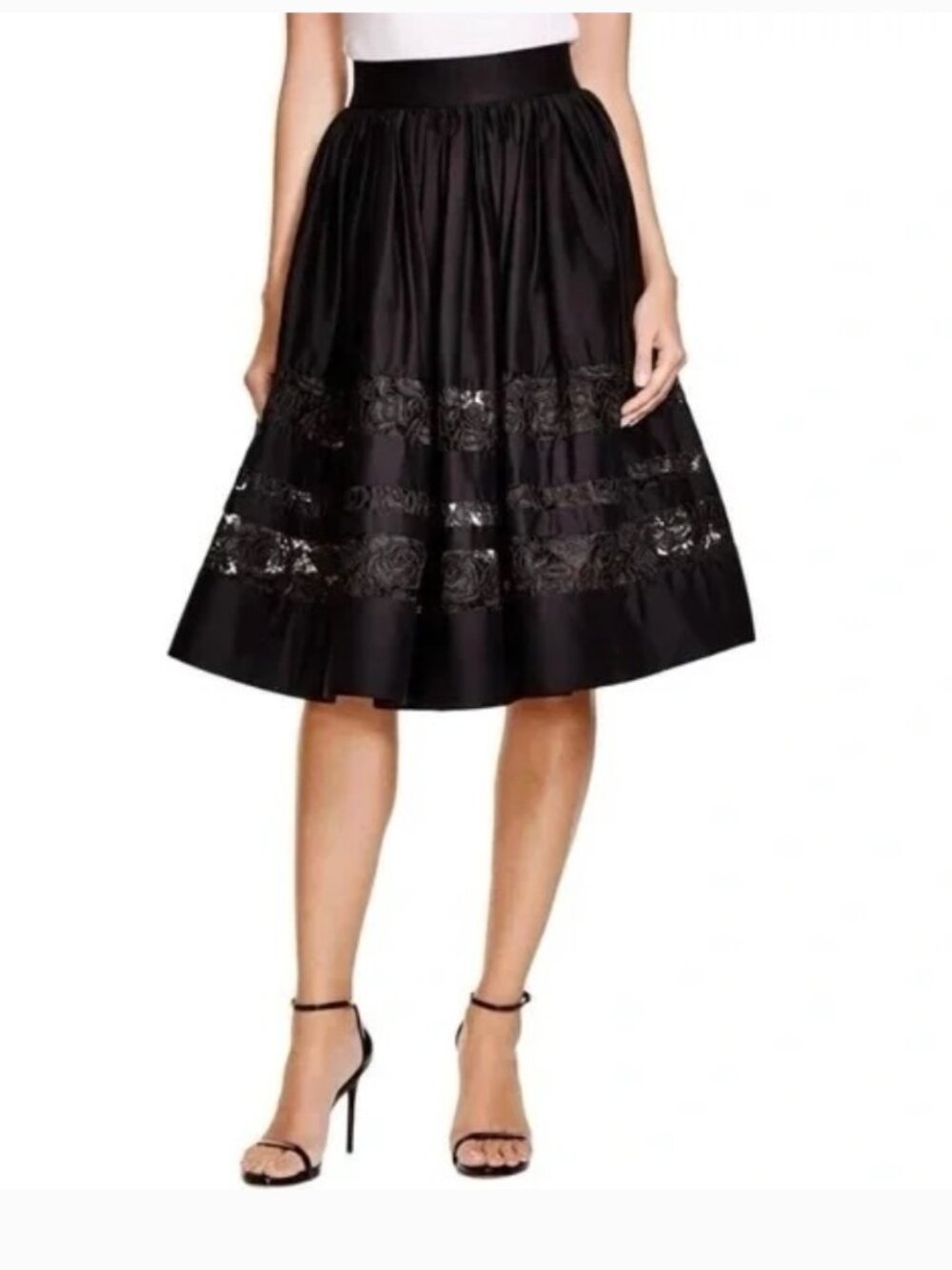 ALICE & OLIVIA Sz 6 BLACK Poplin Pleats Tiered Lace Inset Embroidered Tamira